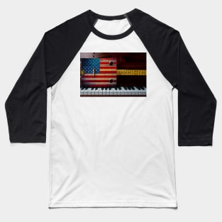 Cigar Box American Flag Guitar On Piano Keys Baseball T-Shirt